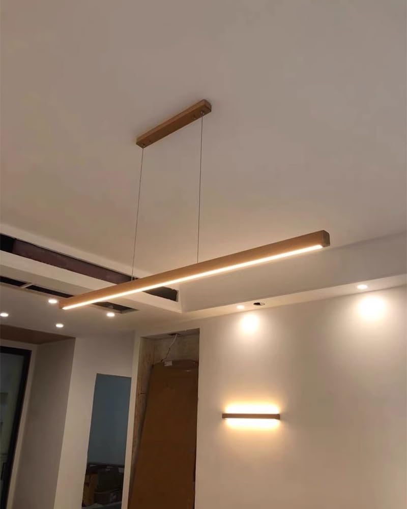 Lámpara Colgante LED de Madera, Lámpara de Techo Lineal Moderna Regulable Iluminación colgante con Control Remoto, Luz Ajustable 3000K-6000K, Altura Regulable, para Comedor, Cocina(Holz,150cm)
