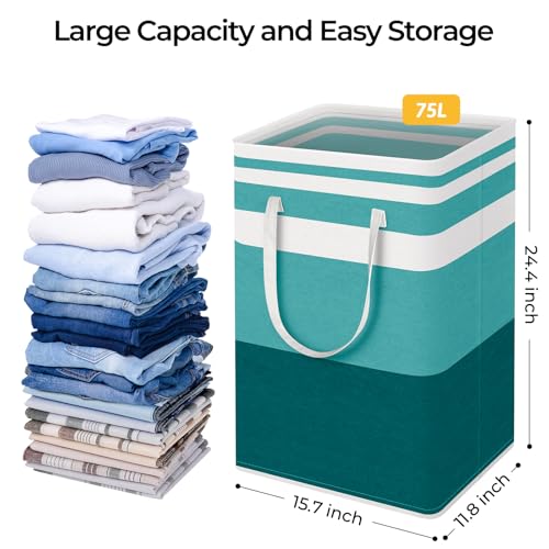HomeHacks 2-Pack Large Laundry Basket, Waterproof, Freestanding Laundry Hamper, Collapsible Tall Clothes Hamper with Extended Handles for Clothes Toys in the Dorm and Family (Green, 75L)