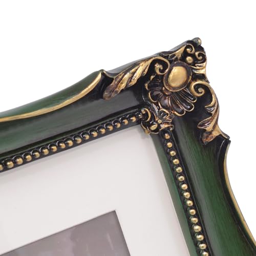 Image of Vintage 11x14 Picture Frame with Embossed Flower, Green Ornate Frame for 11x14 or 8x10 Photos with White Mat, Hand-Crafted Resin Antique Frames for Tabletop & Wall Hanging, Home Decor (Green )