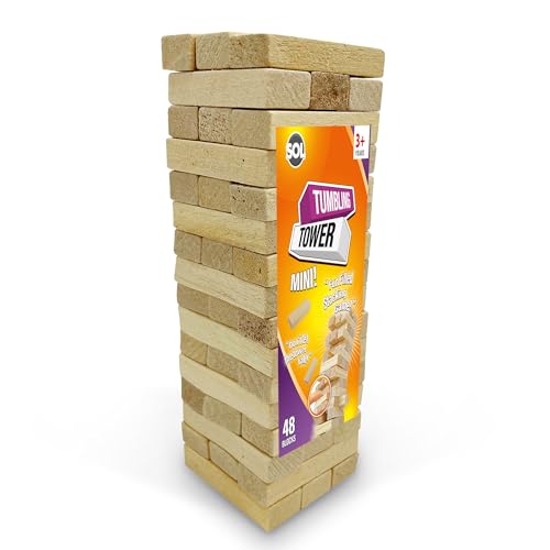 SOL Mini Tumble Tower, Wooden Stacking Tumbling Blocks, Balancing Game for Kids and Adults, Travel Size Classic Table Entertainment, Indoor and Outdoor Fun for Family, Children and Friends