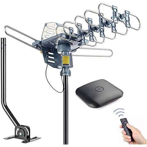 PBD Outdoor Digital HD TV Antenna 150 Miles Motorized 360 Degree Rotation with Mounting Pole and 40FT RG6 Coax Cable - UHF/VHF / 1080P / 4K Snap-On Installation Cover