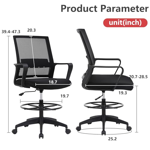 Image of BestOffice Drafting Chair Tall Office Chair Adjustable Swivel Rolling Mesh Height with Lumbar Support Arms Footrest Mid Back for Adults Standing Desk Drafting Stool(Black)