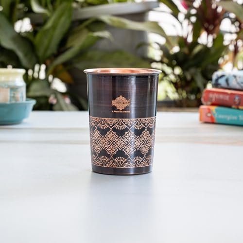 Image of INDIAN ART VILLA Copper Antique Dark Embossed Drinking Glass, Pure Copper Ayurvedic Water Tumbler for Home, Office, Restaurant Use, Traditional Drinkware Gift Item, 275 ML, Set of 1