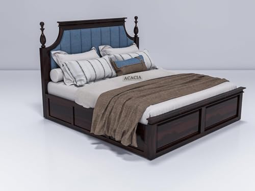 Image of Craft Wooden King Size Bed with Storage | Double Bed Cot Bed with Box Storage & Blue Colour Upholstered Cushioned Headboard for Bedroom, Sheesham Wood, Walnut Finish