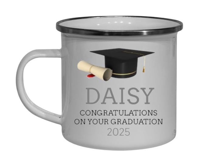 Personalised Graduation Mug | Congratulations Enamel Mug | Kids Graduation Gift | Nursery School Leavers Present | Choice of Six Colours | Lightweight Cup (Grey)