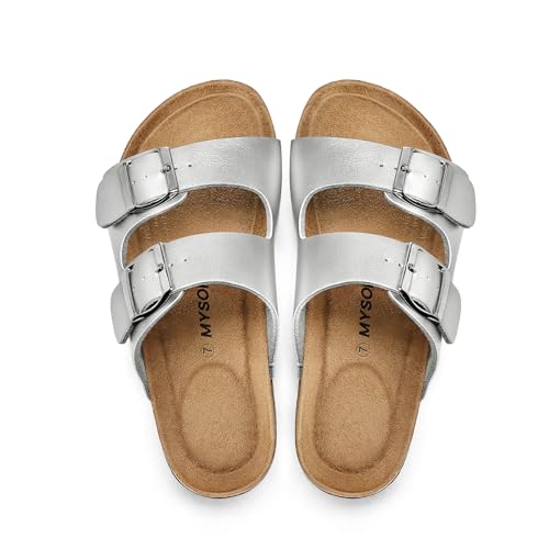 Image of mysoft Womens Flat Sandals Cork Footbed Slides with 2 Straps | Adjustable Buckle Slip On Comfortable Casual Light Weight Summer sandals