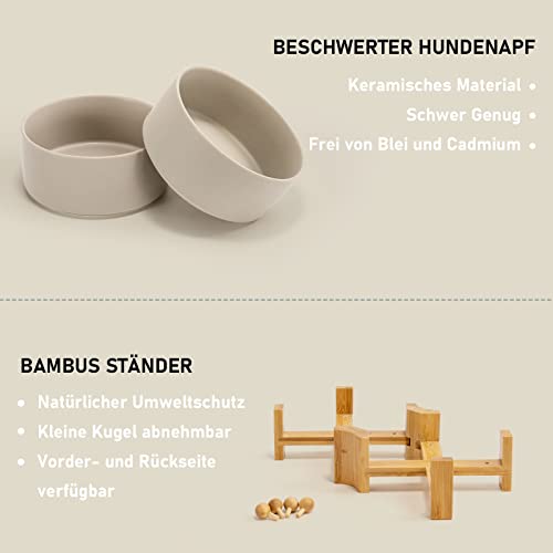 SPUNKYJUNKY Kippbarer Hundenapf Keramik Doppel Hund Futternapf mit Bambus Ständer 0° und 15° Neigungswinkel für Haustiere Katzen und Welpen Großes Gesicht Hund (850ml, Grau × 2)