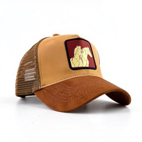 Image of Baseball Cap for Men Original Adjustable Unisex Cap, Mens Caps Stylish, Brown Suede Cap with Net Back, Structured 5 Panel A-Frame Trucker Hat, Amber Luxe