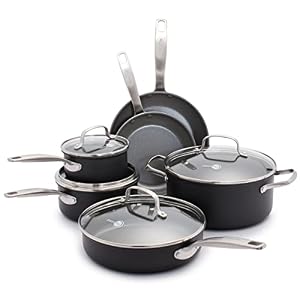 GreenPan Chatham Hard Anodized Healthy Ceramic Nonstick 10 Piece Cookware Pots and Pans Set, Frying Pan Skillets, Saucepans, Saute Pan, Stockpot, Lids, PFAS-Free, Dishwasher & Oven Safe, Gray