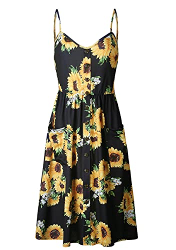 Image of YMING Womens Summer Spaghetti Strap Dresses Button Down Floral Sundress High Waist Swing Midi Dress with Pockets