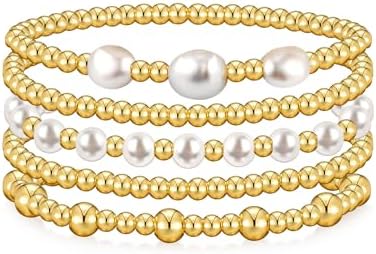 Gold Bracelets for Women Gold Bracelet Stack Pearl Beaded Bracelets for Women 14K Gold Plated Stretch Bead Ball Bracelet Sets Jewelry for Mother's Day Birthday Gifts