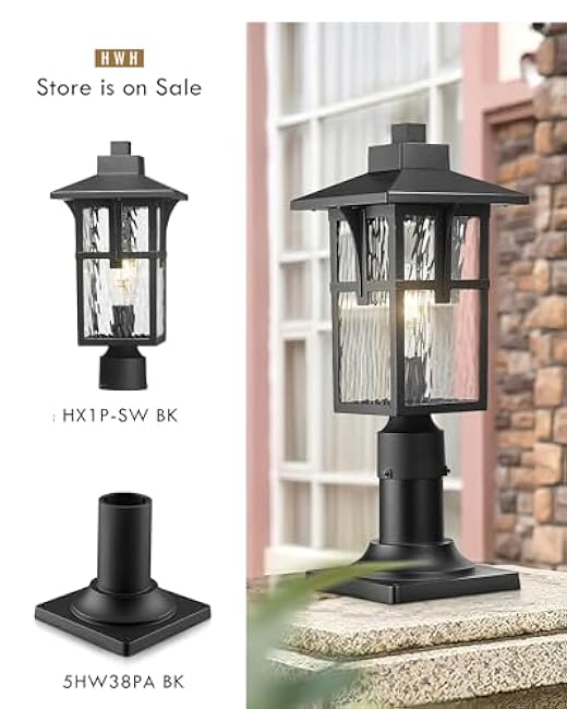 Outdoor Post Lights, HWH Large Lamp Post Light Fixtures, Exterior Pillar Lantern with Water Ripple Glass, Outdoor Pole Lamp for Column Pathway, Matte Black Finish, HX1P-SW BK (Large)