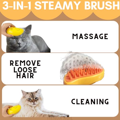 Image of Hair Brush for Pets with Steam Function, Soft Rubber Bristles, Water or Essential Oil Reservoir, Non-Slip Grip, Easy Cleaning, for Dogs and Cats (Yellow)