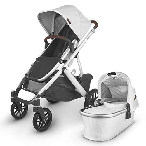 Image of UPPAbaby Vista V2 Stroller / Convertible Single-To-Double System / Bassinet, Toddler Seat, Bug Shield, Rain Shield, and Storage Bag Included / Bryce (White Marl/Silver Frame/Chestnut Leather)