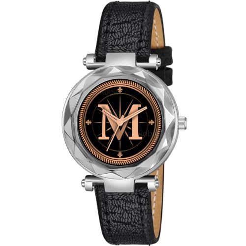 Talgo Analog Round Black Dial Alphabet M Design Stylish Black Leather Strap Classic Design Fancy Wrist Watch for Women and Girls, Pack of 1 - Alpha-M-GEN-SL-BLK-CUTL
