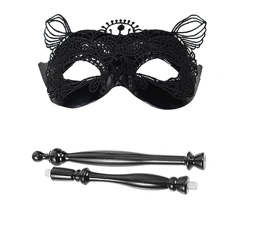 NAUZE Masquerade Mask With Stick Cat Ears Lace Masquerade Mask Adjustable Face Cover for Halloween Masque Party Venetian Masque Party Prop - Image 2