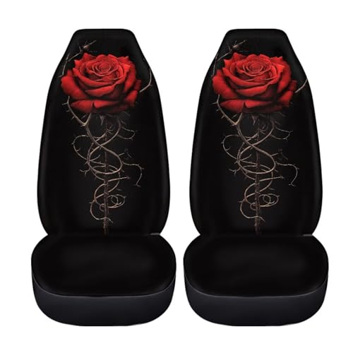 BIGCARJOB Red Rose Car Seat Cover Full Set 2 Pcs Stretchy Driver Seat Covers Womens Car Interior Accessories Set Universal Vehicle Bucket Elastic Cover Stretchy Driver Decor