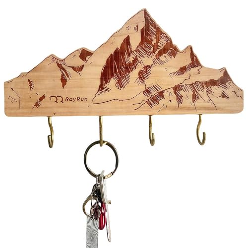 Porte-Clés Mural en Bois Décor Montagne - Organisateur de Clés avec 4 Anneaux - Cadeau Alpiniste