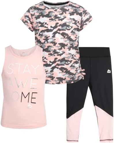 RBX Girls' Activewear Set - Short Sleeve Performance T-Shirt, Tank Top, and Capri Leggings (4-12), Size 10-12, Pink Camo Awesome
