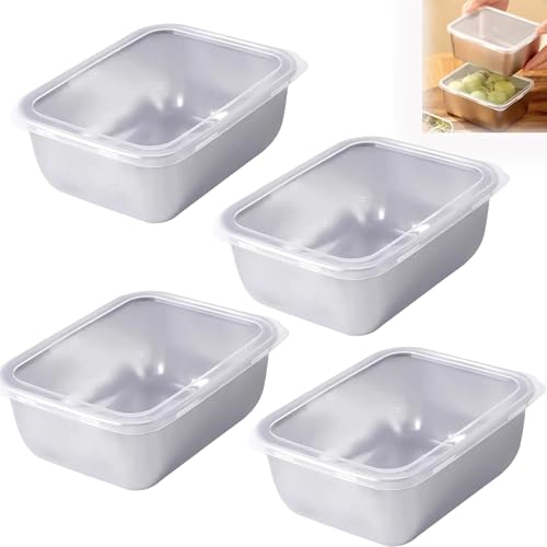 Stainless Steel Square Plate with Lid: 4 PCS Thickened Food Grade Baking Pans, Food Storage Container for Storing Food Baking Grilling Marinate, Reusable Dish Plate Cake Pan for Kitchen (Silver, S)