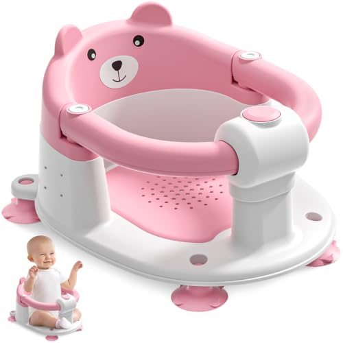 Baby Bath Seat for Babies 6 Months &amp; up, Non-Slip Toddler Bath Seats for Babies Sitting Up, Safe Infant &amp; Newborn Bathtub Chair with 4 Suction Cups &amp; Soft Cushion for Shower,Pink
