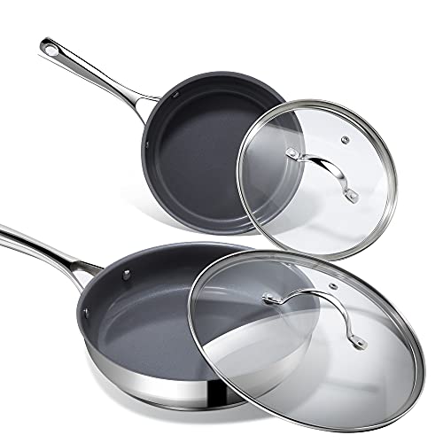 Nonstick Frying Pans with Lids, REDMOND Stainless Steel Skillets 8 inch & 10 inch 4-Piece Cookware Set Gas and Induction Compatible Dishwasher & Oven Safe, Healthy PFOA/PFOS/PTFE Free