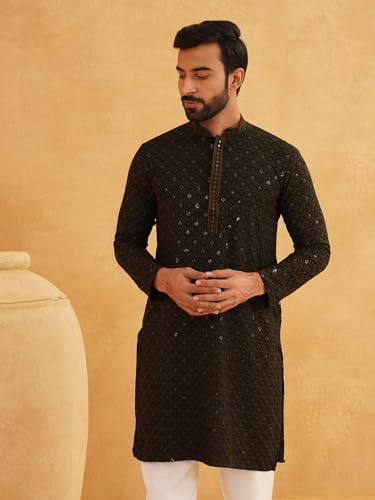 Image of SOJANYA Men's Coffee Brown Cotton Blend Kurta with Intricate Embroidery & Subtle Sequin Work