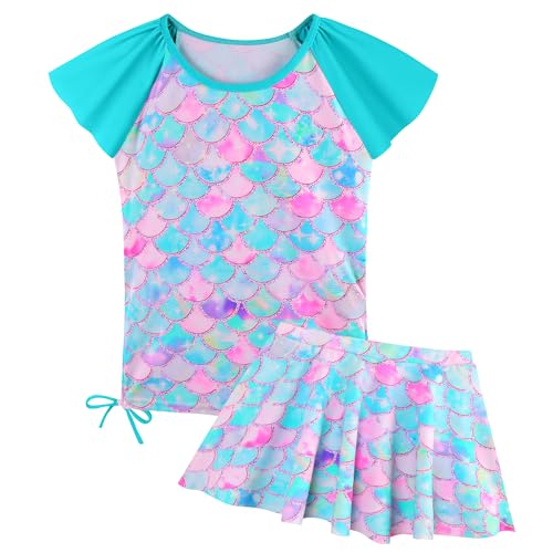 Image of Girls Rash Guard 2 Pieces Bathing Suit UPF50+ Swimsuit with Swimming Skirt Swimwear 2-14Y