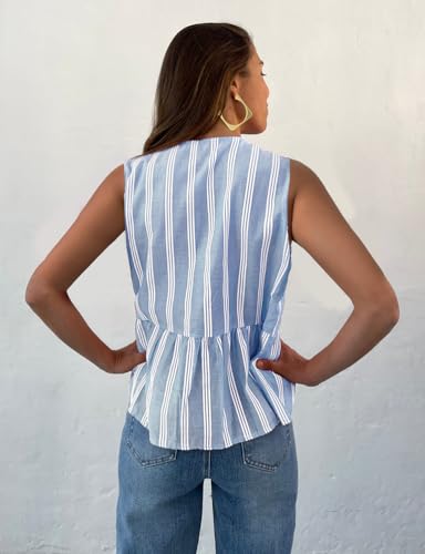Mywinway Striped Linen Vest Women Spring Summer Sleeveless Crewneck Casual Lightweight Bow Tie Shirt Blouses Tank Tops2