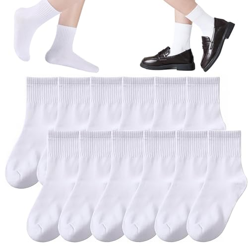 imagen de 12 Pares Calcetines blancos sin costuras de algodón para niños,Calcetines Escolares de Algodón para Niños,calcetines de tobillo escolar con rayas retro. (MX/US, Edad, 6 Años, 8 Años, Blanco)