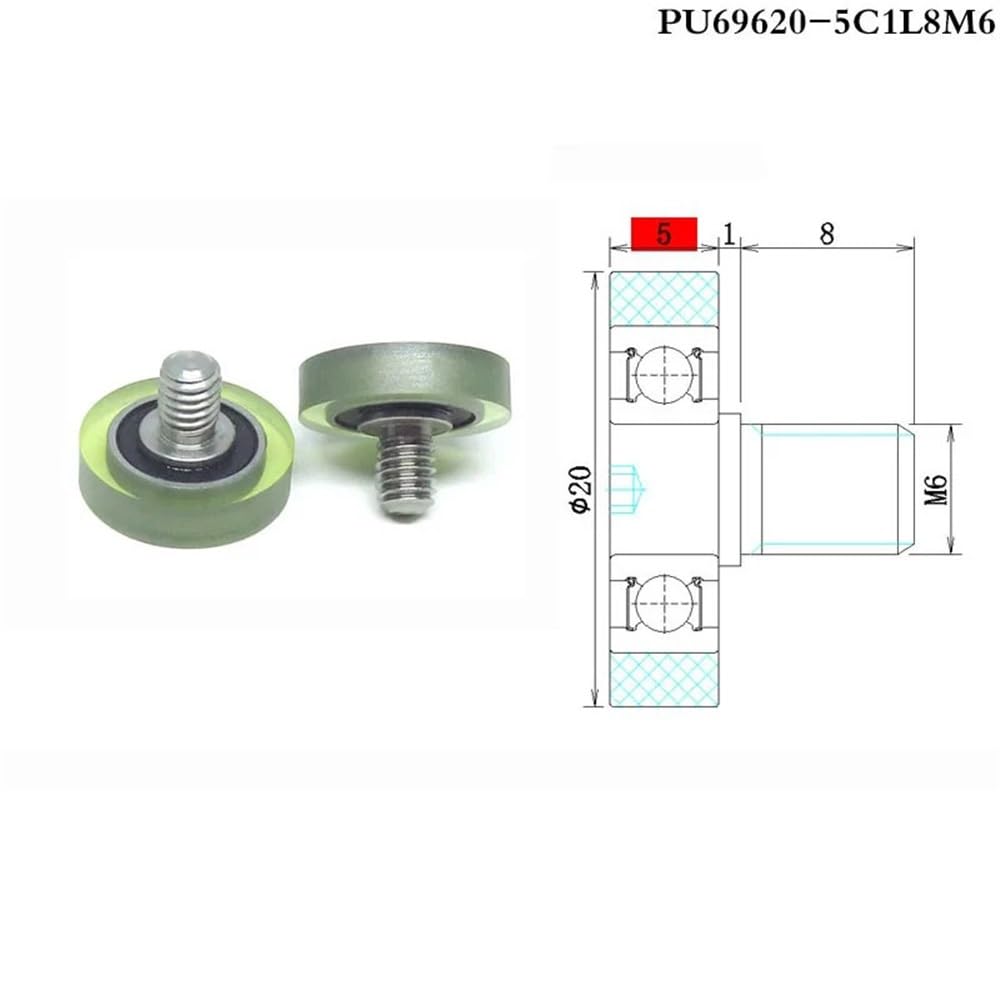 5 pezzi di puleggia con cuscinetto a rulli rivestiti da 20 mm con filettatura esterna PU69620-8C1L8M6 PU 696RS con ruota a vite M6(PU69620-5C1L8M6)