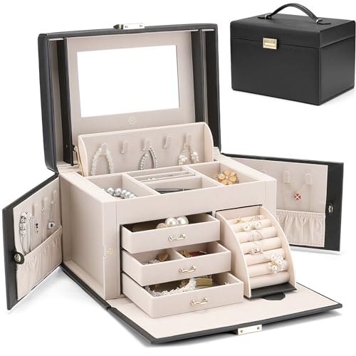 Vlando Boîte à bijoux baroque pour filles et femmes avec miroir, 3 tiroirs pour bracelets, boucles d'oreilles, bagues, colliers, cadeau de fête des mères...