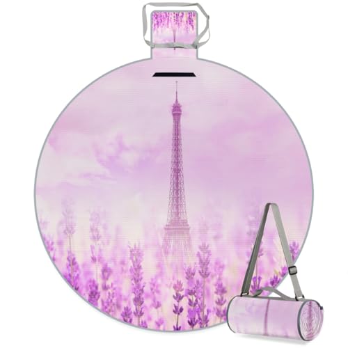 Shimoshe Flower Lavender Picnic Outdoor Blanket Foldable Waterproof Sandproof Beach Blanket Portable Water-Resistant Round Picnic Mat for Travel Camping Park Lawn