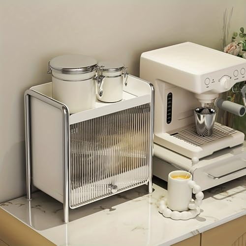 Modern Cup & Mug Storage Cabinet – Space-Saving Countertop Organizer with Metal Frame and Flip-Up Door – Ideal for Kitchen, Coffee Corner (Small)