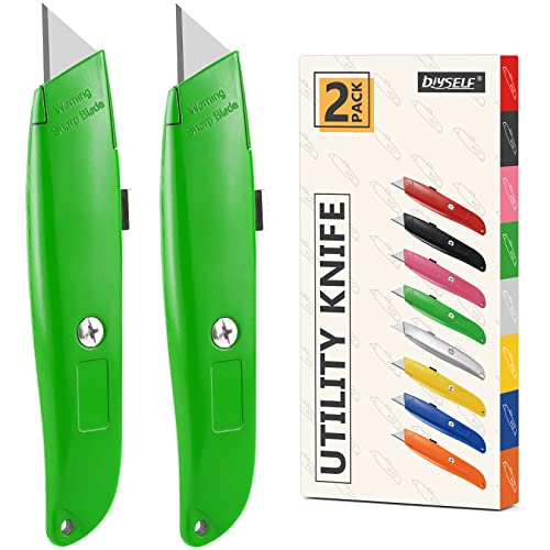 Image of DIYSELF 2 Pack Heavy Duty Box Cutters, Retractable Utility Knives for Boxes | Comfort Grip Utility Knife for Cardboard, Plastic, Vinyl and Carpet; Durable PVC Pipe Cutter for Garage and Home Use