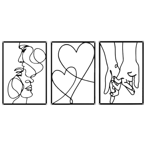 Shuqio Juego de 3 piezas de metal minimalista - Decoración de pared para dormitorio y sala de estar - Diseños motivados por el amor con beso, corazón y manos, decoración de pared perfecta para el
