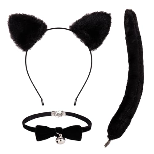 JIALWEN Cat Ears Headband with Tail and Bell Collar Set Furry Black Cat Ears Headband for Women Girls Halloween Cosplay Dress Up Party Costume Accessories