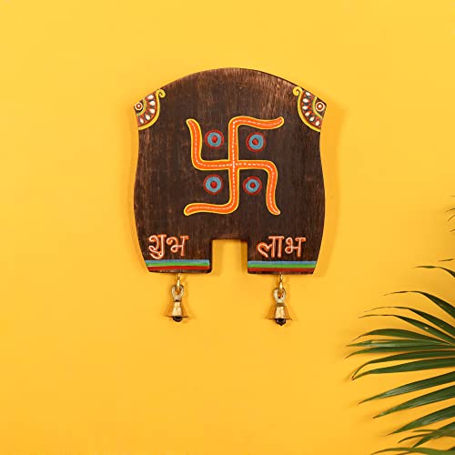 Image of AAKRITI ART CREATIONS Handcrafted 'Swastika' Hanging Board, Abstract Art Wooden Wall Hanging Panel Set of 1, Brown Wall | Matte Finish Wooden | Home Decor for Living Room, Entrance, Office