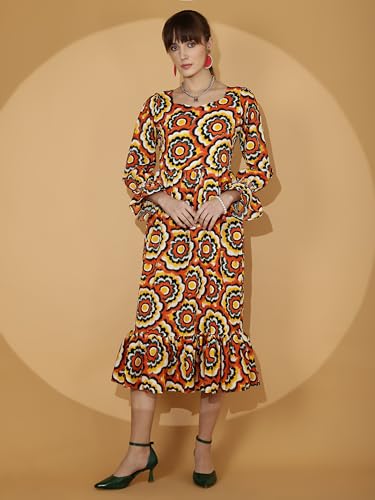 Image of Sheetal Associates Women's Casual Flared Sleeve Crepe Floral Fit and Flare Dress