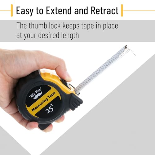 Image of Mr. Pen- Retractable Tape Measure 25 ft, 2 Pack, Yellow, Steel Retractable Measuring Tape with Fractions