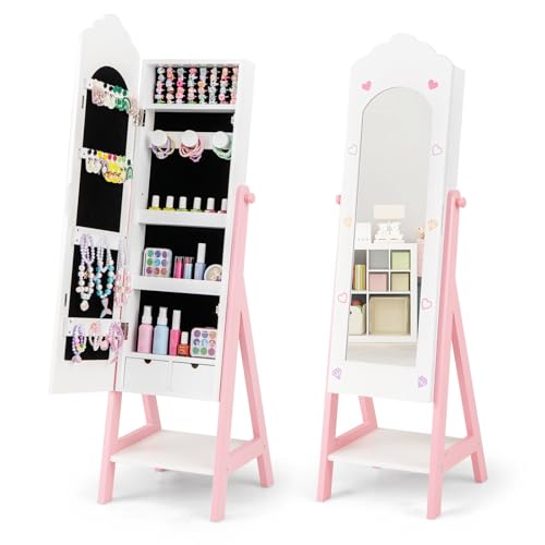 CHARMAID Kids Jewelry Organizer with Full Length Mirror, Standing Jewelry Armoire with Drawers and Storage Shelves, Kids Dress Up Mirror Jewelry Cabinet for Girls Gift (White)