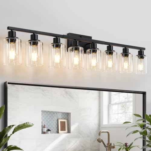 Image of MOKATNG 8-Light Bathroom Light Fixtures, Vanity Light with Clear Glass Shades, Matte Black Bathroom Light Fixtures Over Mirror, Modern Bathroom Wall Lamp for Mirror Living Room Cabinet Bedroom