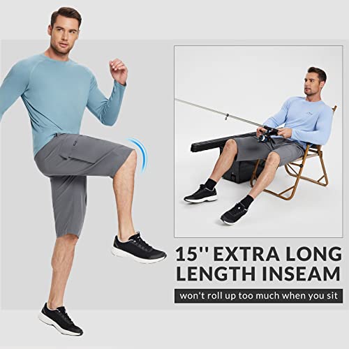 BALEAF Short masculino de 38,1 cm longo para caminhadas, bolsos cargo secagem rápida, leve, elástico