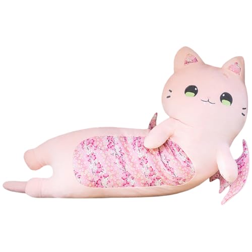 Image of Long Bat Cat Plush Body Pillow Super Soft Stuffed Pink Kitten with Wings,Fluffy Bat Kitty Plushie Big Toy Gifts /23.6''