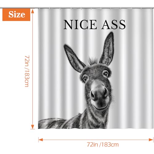 Image of Funny Donkey Nice Ass Shower Curtain Gag Gift Farmhouse Decor Animal Black and White Novelty Sarcastic Rustic Bathroom Bath Decor Bathtub Curtain Fabric Shower Curtain Set with 12 Hooks, 72 inchx72 inch