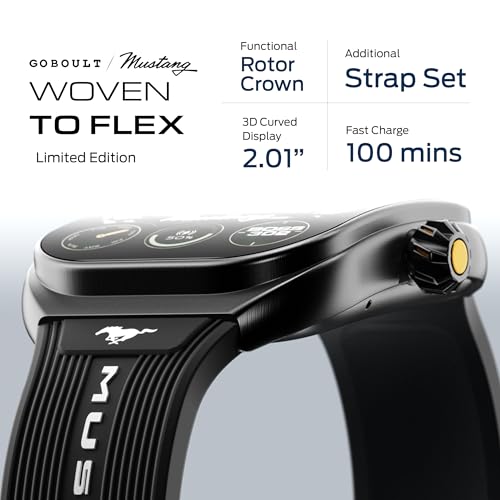 Image of GOBOULT Mustang Muscle Smart Watch 2.01'' 3D Curved Display, Convertible Strap, Premium Metallic Crown, BT Calling, 600 Nits Brightness, AI Voice Assistant, IP68 (Extra Strap, Black Eclipse)