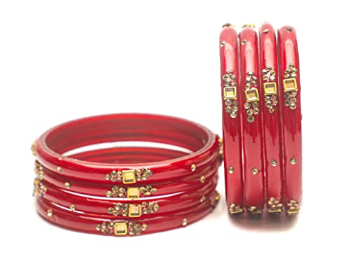 Swara Creations Traditional Glass Kada Bangles Set for women & girls Glossy Bangles Gemstone stone work Red Green Yellow Pink multicolor glass Kade