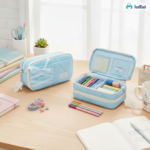 Image of FunBlast Pencil Pouch for Girls - Aesthetic Multi-Compartment Zipper Pouch with Drawstring Pocket, Cute Kawaii Pencil Case, Stylish Stationery Pouch, Return Gift for Kids & School Use (Blueb)