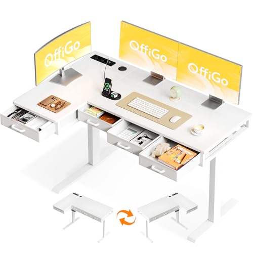 OffiGo Bureau Assis Debout Angle, 140x80cm Bureau Electrique avec 4 Tiroirs, Grand Table d'angle avec Prise, Standing Desk Réglable en Hauteur avec Rangement...