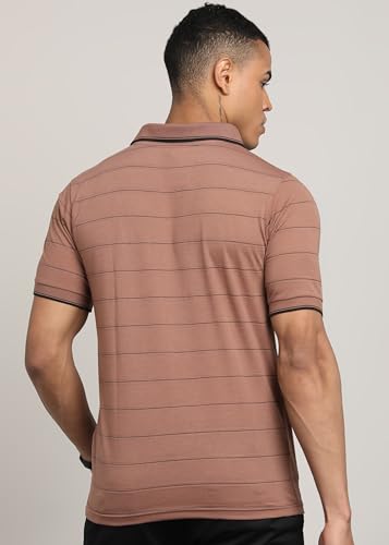 Image of INKKR Men Striped Polo Neck Cotton Blend T-Shirt